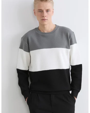 Bluza de trening cu model colorblock si decolteu la baza gatului, Alb/Negru/Gri