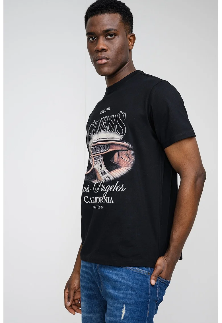 Tricou de bumbac cu imprimeu logo, Alb/Negru/Maro deschis