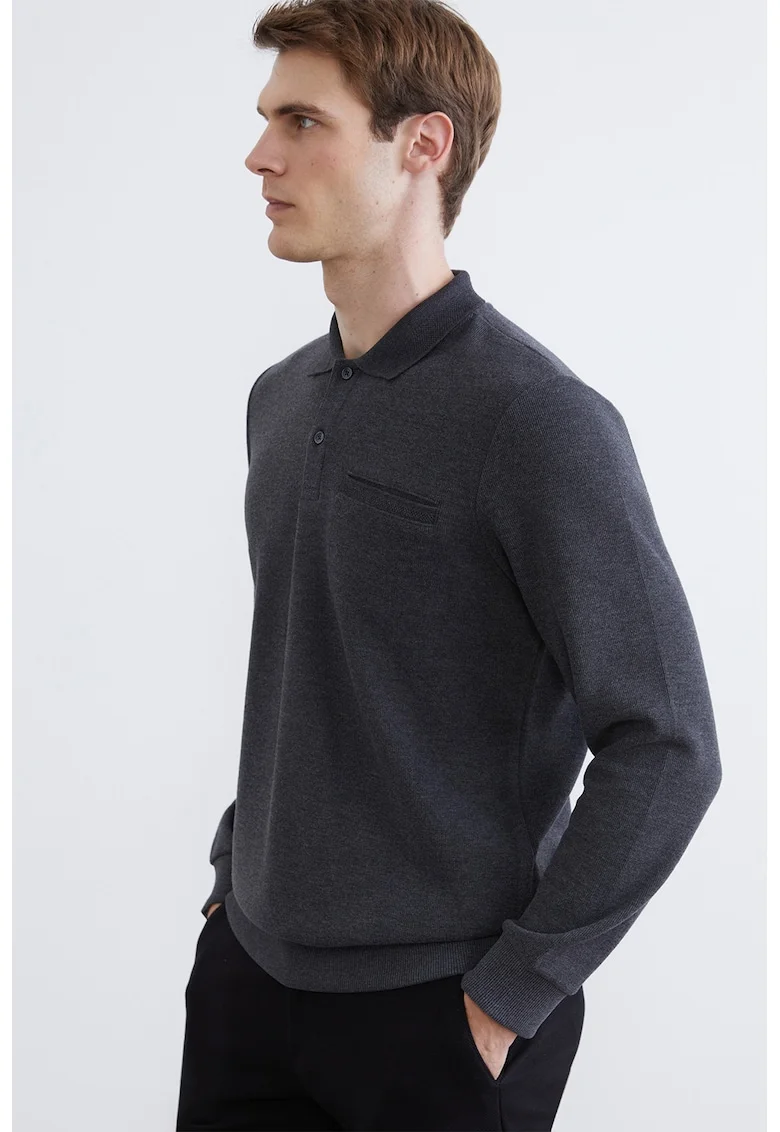 Bluza polo de trening cu buzunar cu refilet, Gri inchis
