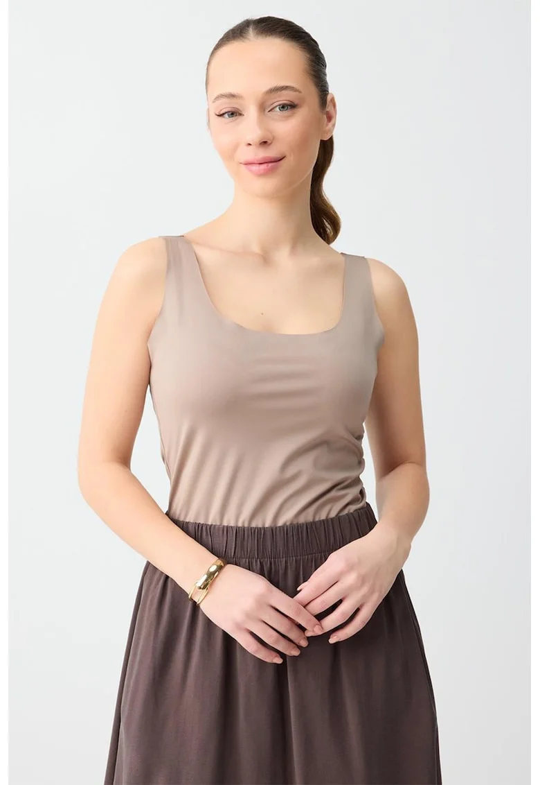 Top slim fit cu decolteu adanc, Maro deschis