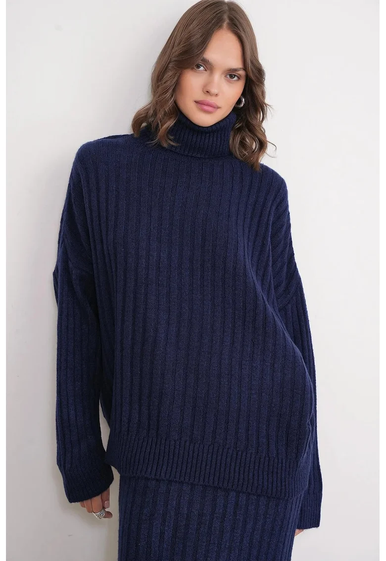 Pulover dama,  Guler inalt, Tricot, Bleumarin