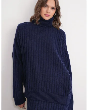 Pulover dama,  Guler inalt, Tricot, Bleumarin