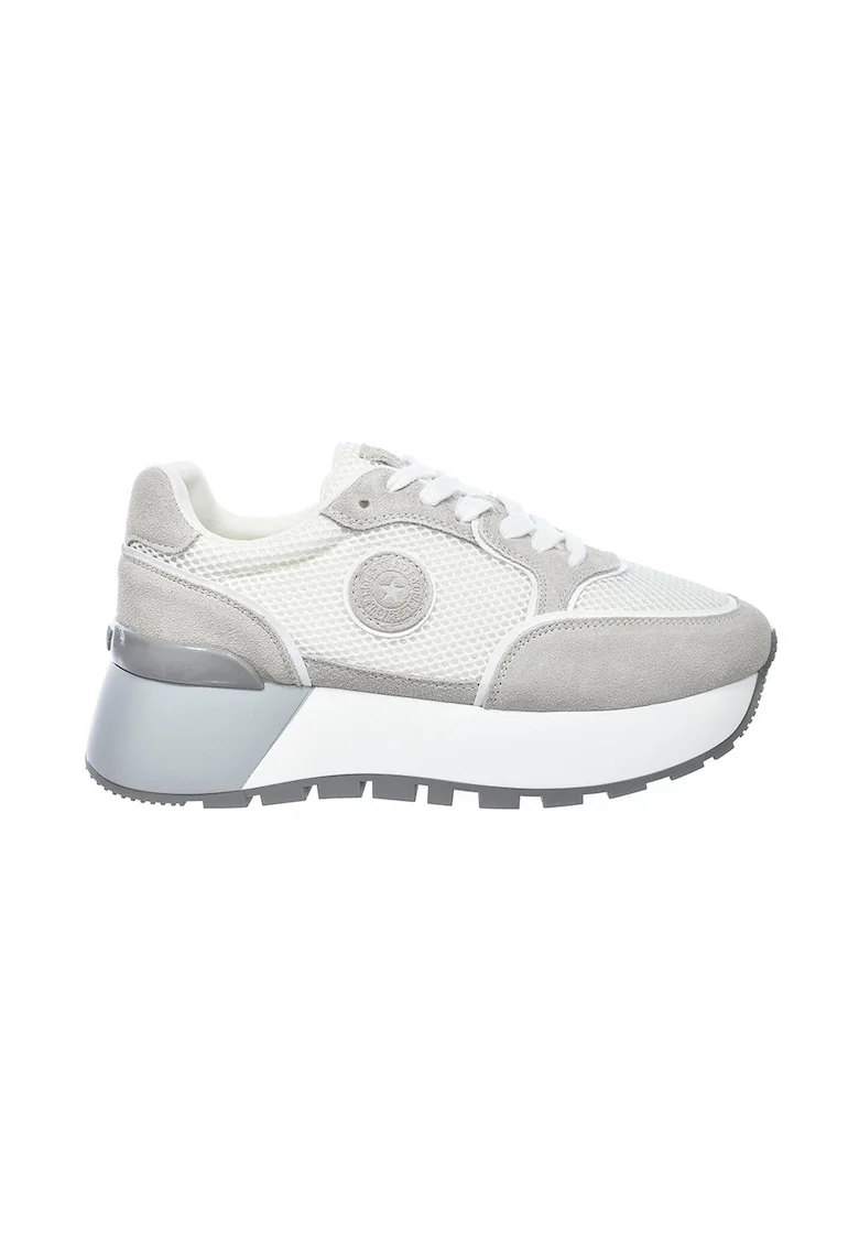 Pantofi sport din plasa cu garnituri din piele intoarsa si talpa masiva, Alb/Gri