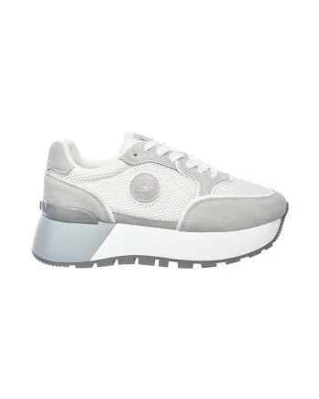 Pantofi sport din plasa cu garnituri din piele intoarsa si talpa masiva, Alb/Gri