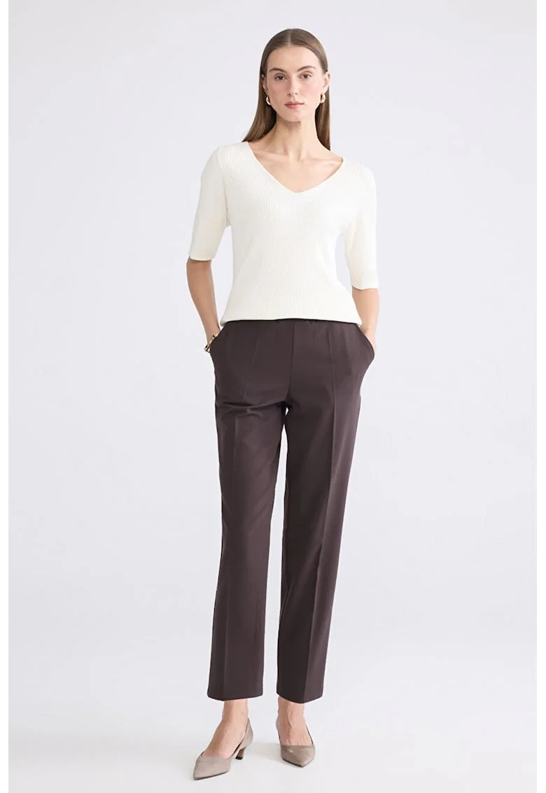 Pantaloni drepti cu talie elastica, Maro cognac