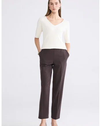 Pantaloni drepti cu talie elastica, Maro cognac