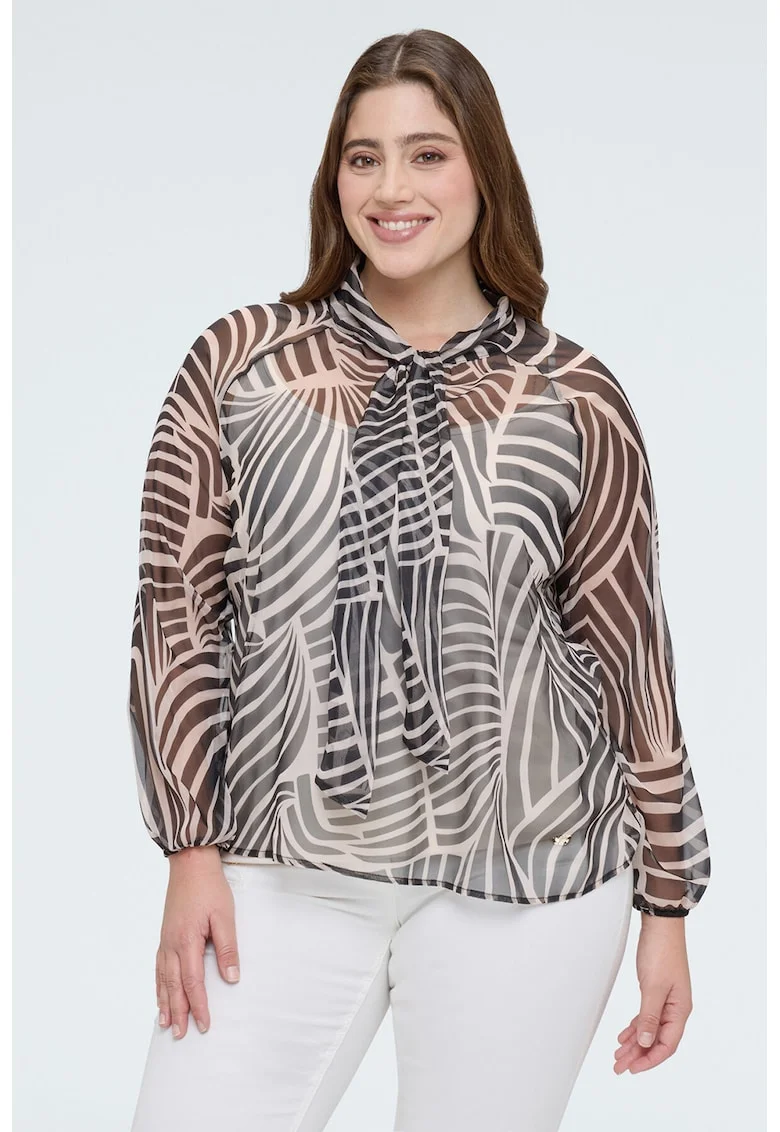 Bluza semitransparenta cu guler funda din panglici, Negru/Maro/Gri
