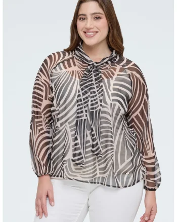 Bluza semitransparenta cu guler funda din panglici, Negru/Maro/Gri