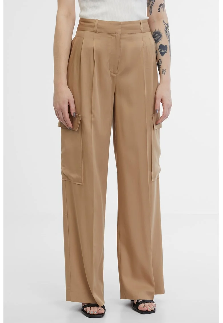 Pantaloni crop cu talie inalta, Maro deschis