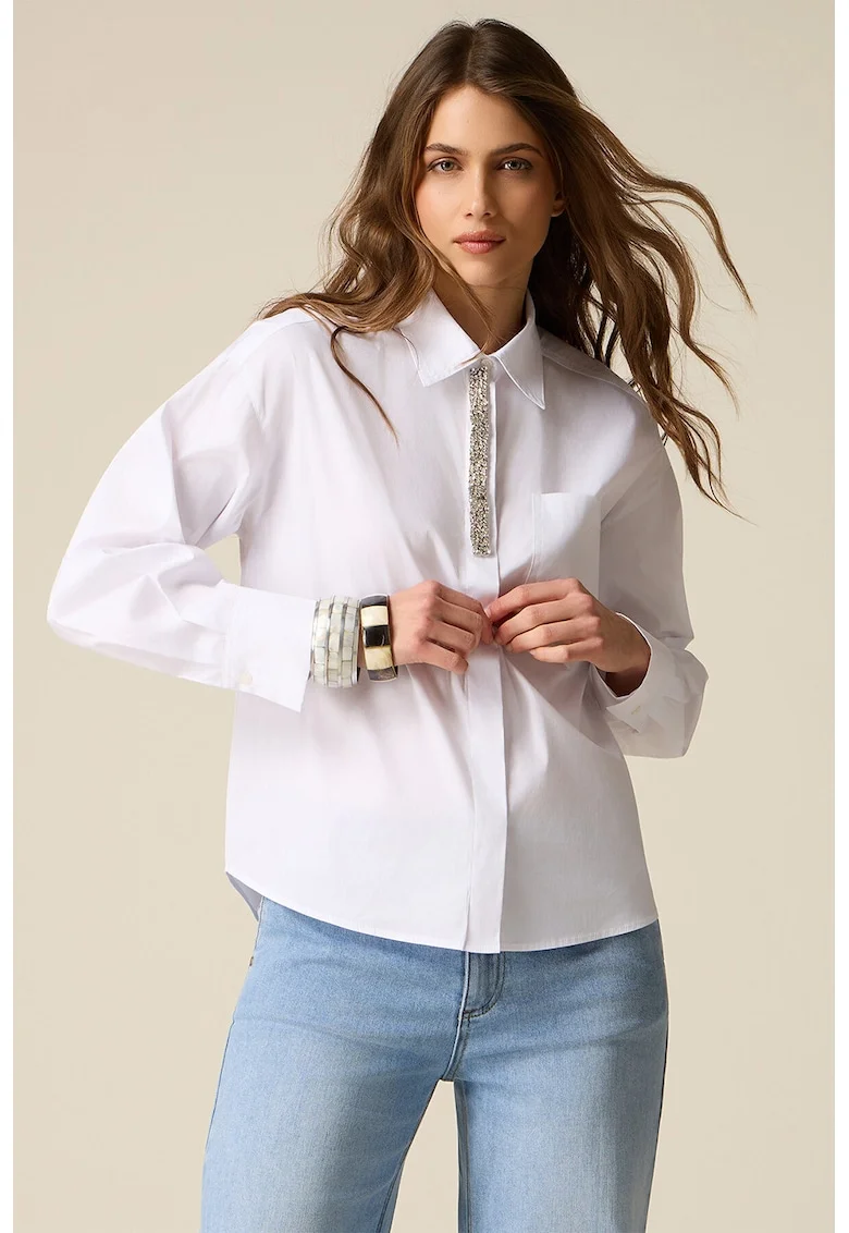 Camasa din poplin cu detaliu tip bijuterie, Alb