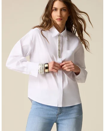 Camasa din poplin cu detaliu tip bijuterie, Alb