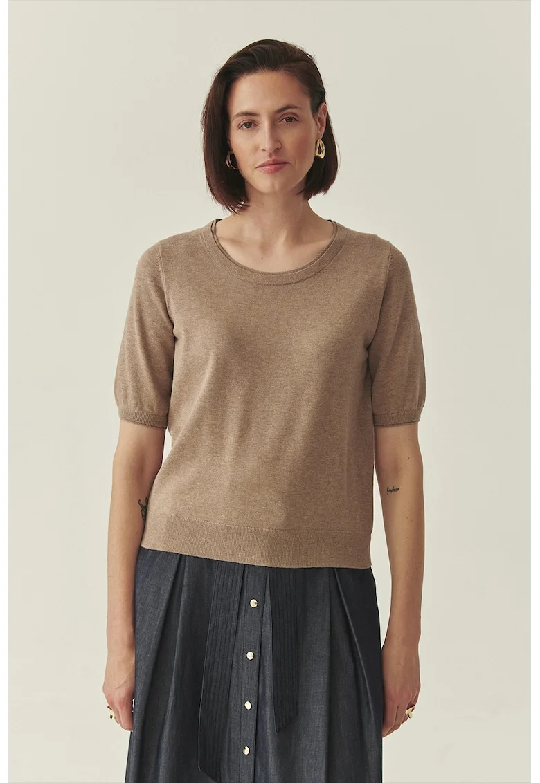 Bluza tricotata fin cu maneci scurte, Maro deschis