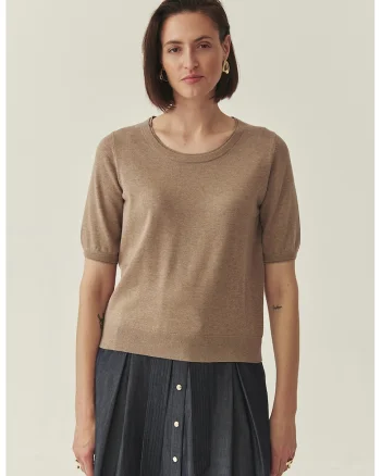 Bluza tricotata fin cu maneci scurte, Maro deschis