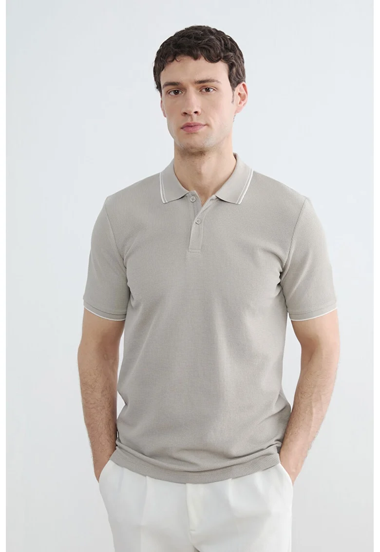 Tricou polo din amestec de bumbac cu aspect texturat, Maro taupe deschis