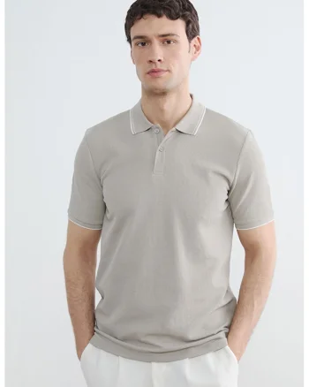 Tricou polo din amestec de bumbac cu aspect texturat, Maro taupe deschis