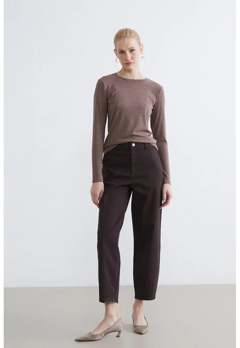 Bluza cu model uni si decolteu rotund, Maro deschis