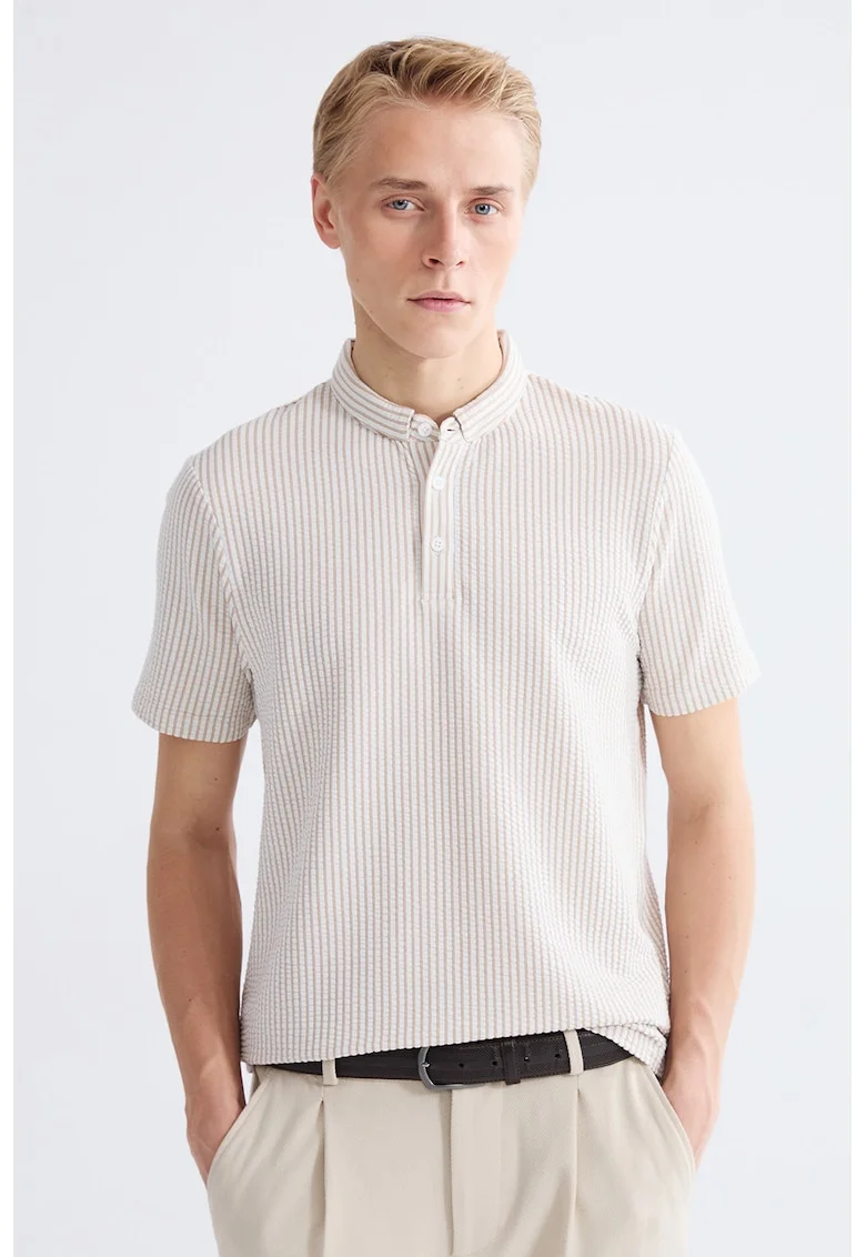 Tricou regular fit texturat, Alb/Maro deschis