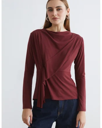 Bluza drapata din amestec de modal, Caramiziu