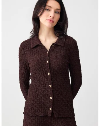 Camasa tricotata cu croiala slim-fit si model texturat, Maro inchis