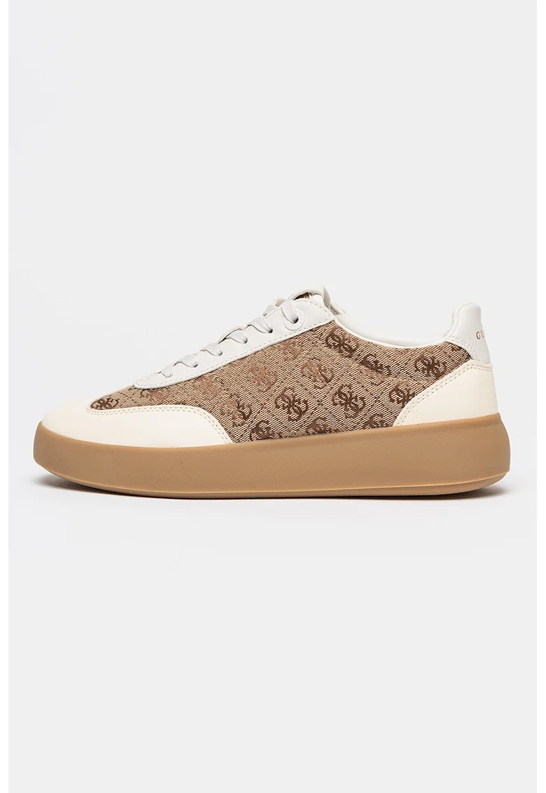 Pantofi sport low-cut din piele cu model monograma, Alb/Maro deschis