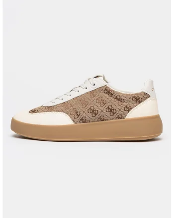 Pantofi sport low-cut din piele cu model monograma, Alb/Maro deschis