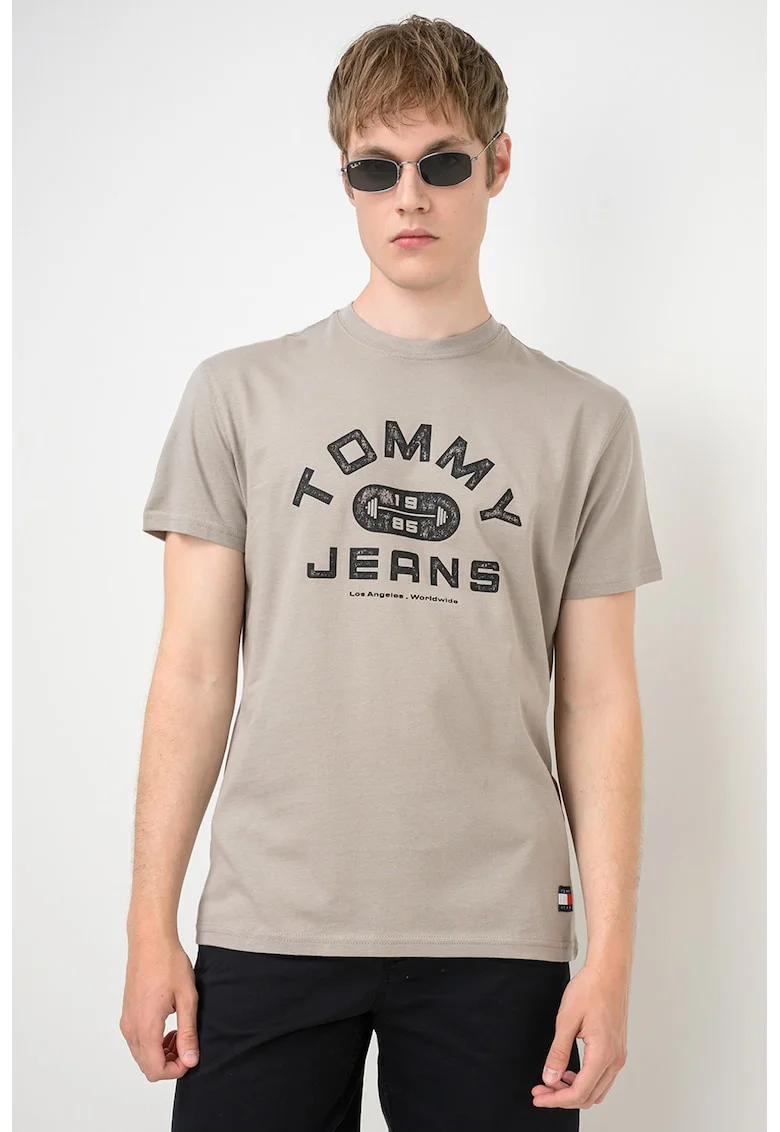 Tricou cu decolteu la baza gatului si logo, Negru/Maro deschis