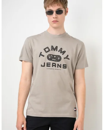 Tricou cu decolteu la baza gatului si logo, Negru/Maro deschis