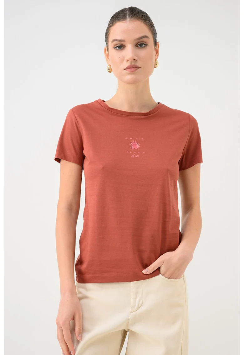 Tricou de bumbac cu decolteu la baza gatului Elove, Caramiziu