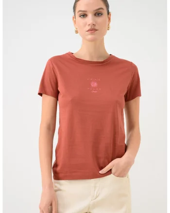 Tricou de bumbac cu decolteu la baza gatului Elove, Caramiziu