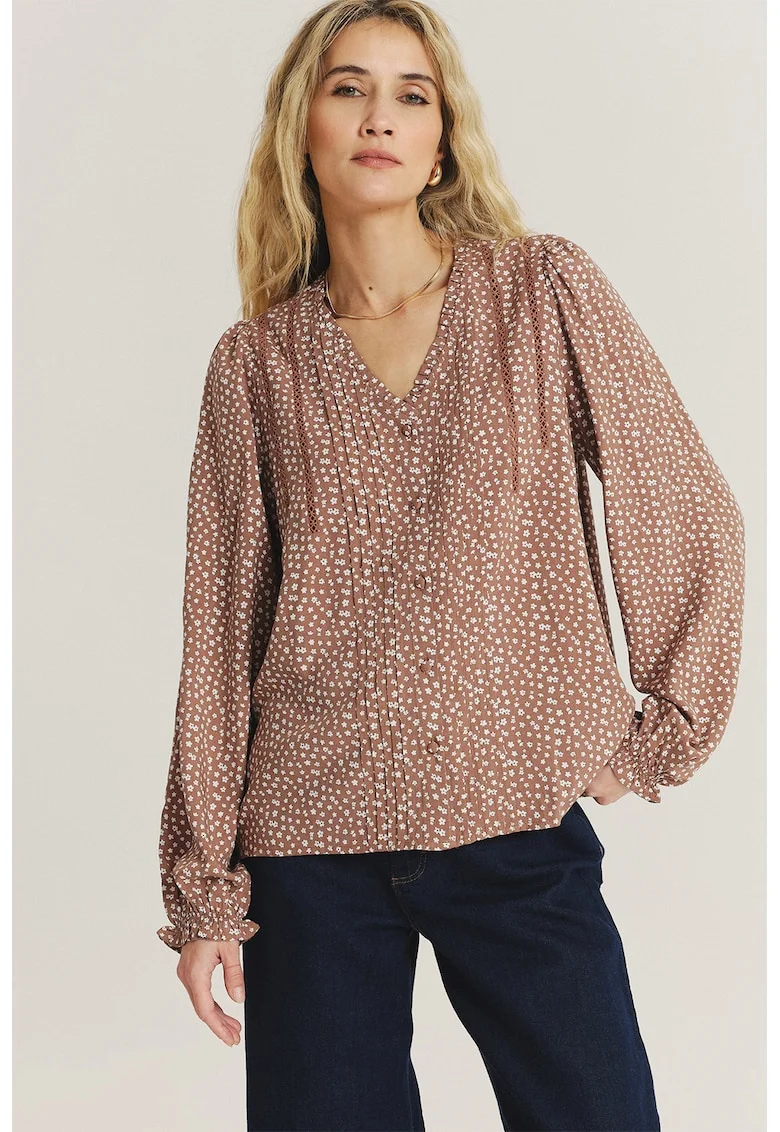 Bluza lejera cu decolteu in V si model floral, Alb/Maro deschis