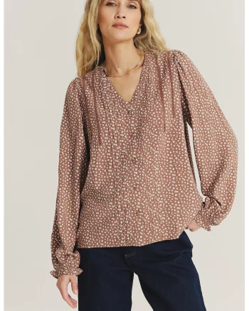Bluza lejera cu decolteu in V si model floral, Alb/Maro deschis