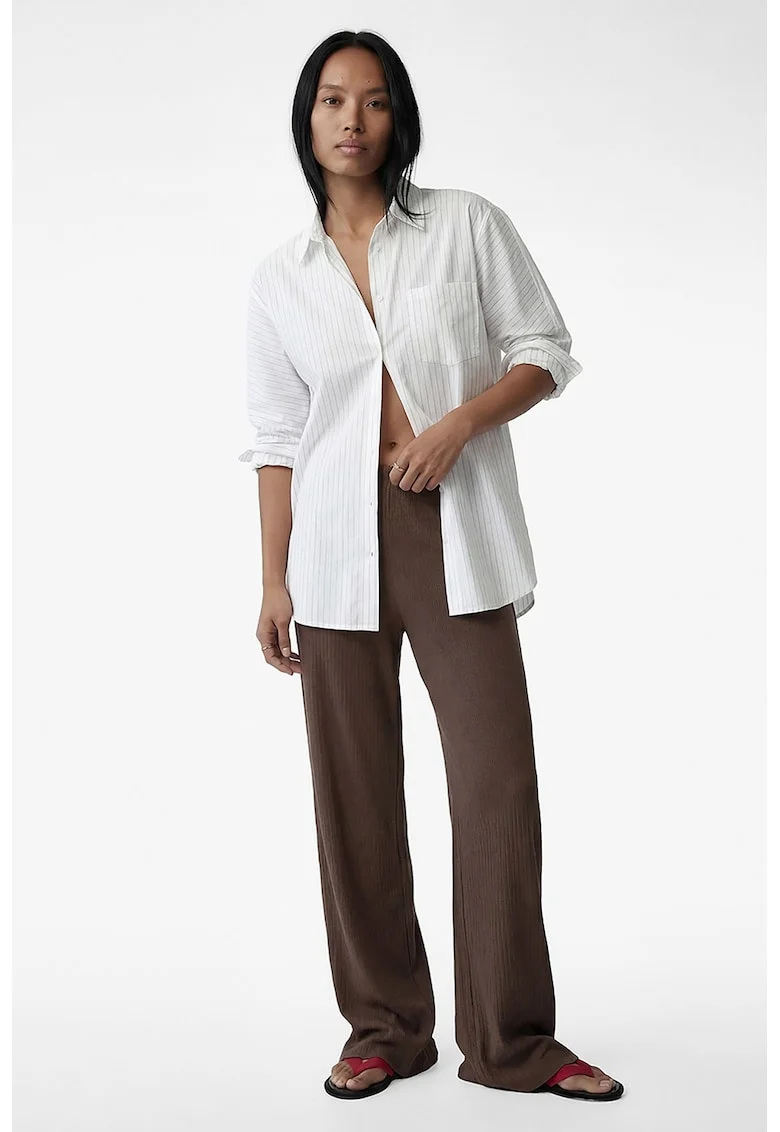 Pantaloni cu croiala dreapta si aspect texturat, Maro deschis