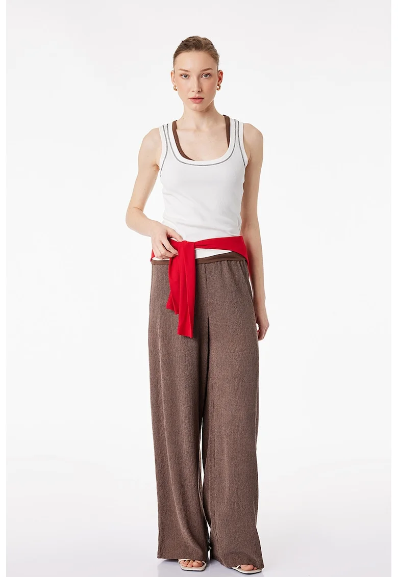 Pantaloni texturati cu snur de ajustare si croiala ampla, Maro deschis