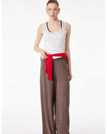 Pantaloni texturati cu snur de ajustare si croiala ampla, Maro deschis