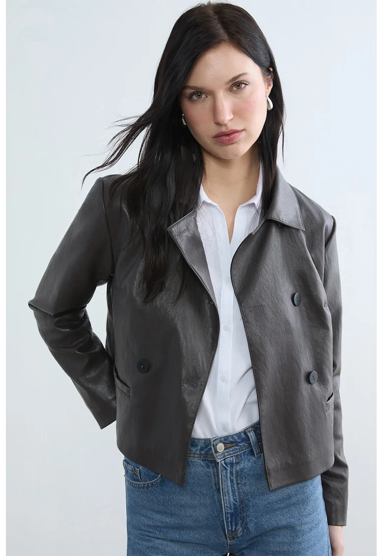 Jacheta biker din piele ecologica cu buzunare, Maro inchis