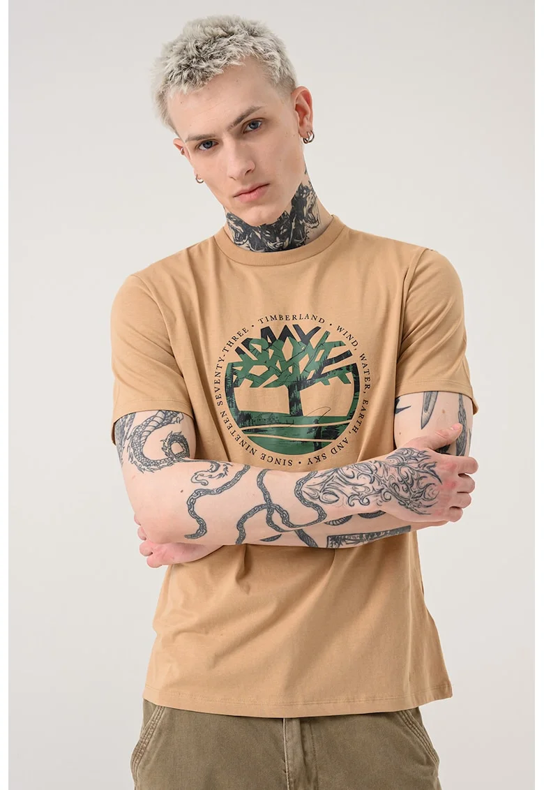 Tricou cu decolteu la baza gatului si imprimeu, Maro deschis
