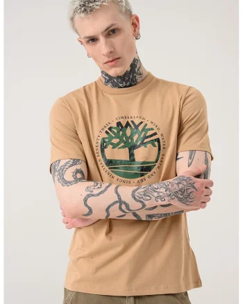 Tricou cu decolteu la baza gatului si imprimeu, Maro deschis