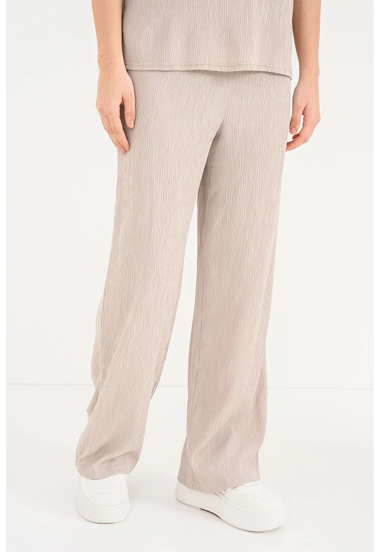 Pantaloni texturati cu croiala ampla si talie elastica Kaylie, Maro deschis
