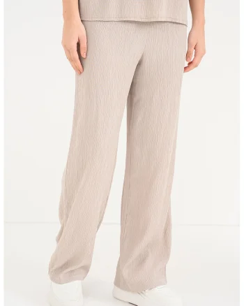 Pantaloni texturati cu croiala ampla si talie elastica Kaylie, Maro deschis