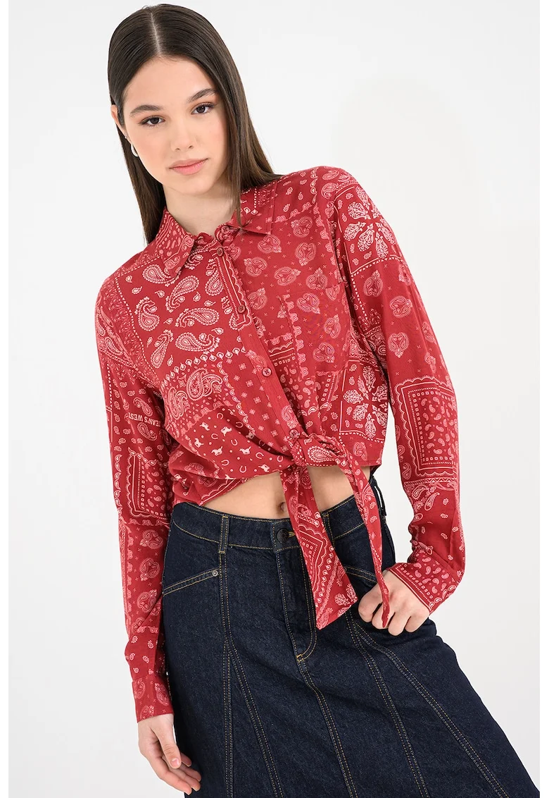 Camasa crop cu imprimeu, Alb/Caramiziu