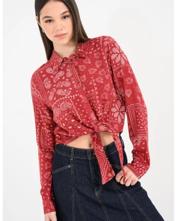 Camasa crop cu imprimeu, Alb/Caramiziu