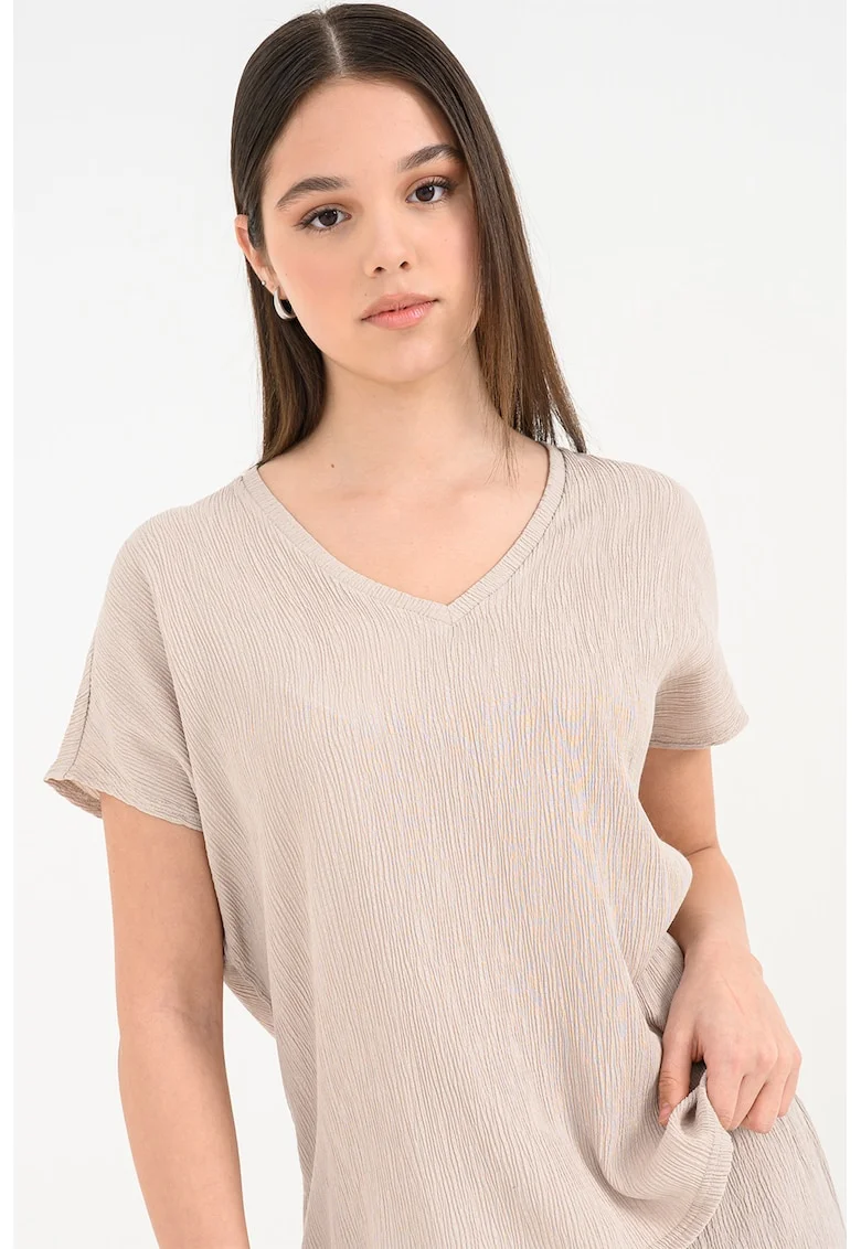 Bluza texturata cu maneci scurte si decolteu in V, Maro deschis
