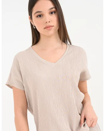 Bluza texturata cu maneci scurte si decolteu in V, Maro deschis