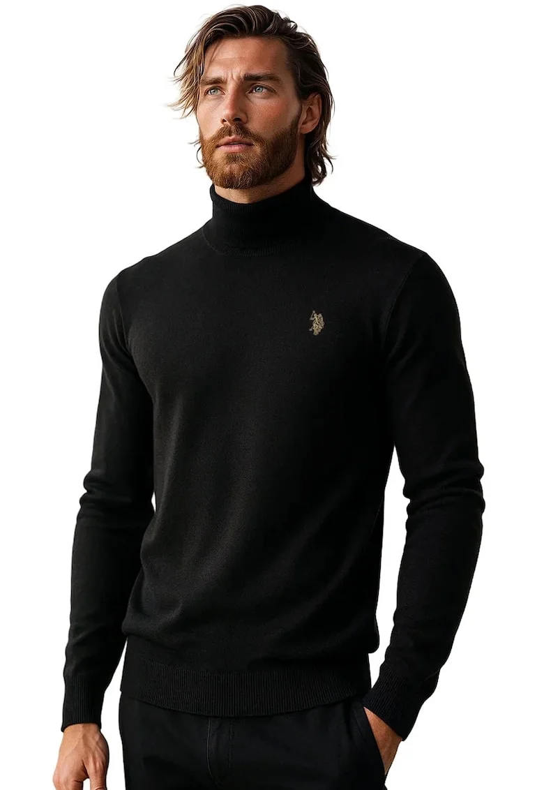 Pulover tricotat fin din amestec de casmir, cu guler inalt, Negru