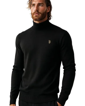 Pulover tricotat fin din amestec de casmir, cu guler inalt, Negru