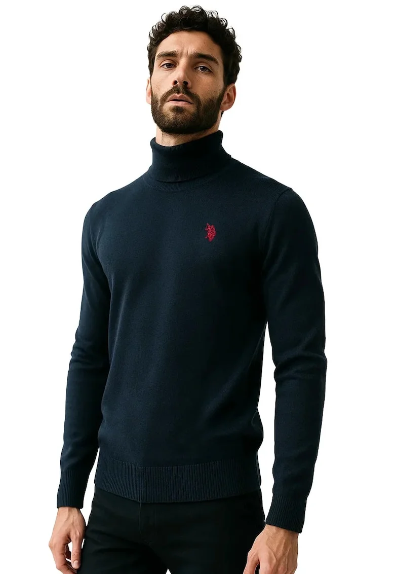 Pulover tricotat fin din amestec de casmir, cu guler inalt, Bleumarin