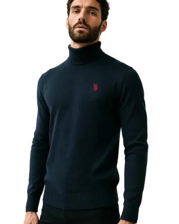 Pulover tricotat fin din amestec de casmir, cu guler inalt, Bleumarin