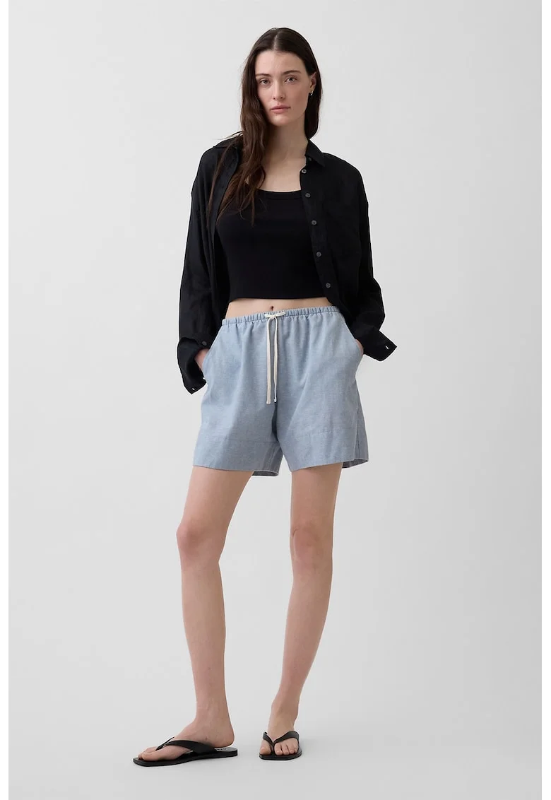 Pantaloni scurti din amestec de in cu snur de ajustare in talie, Albastru pastel