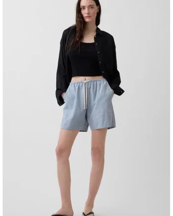Pantaloni scurti din amestec de in cu snur de ajustare in talie, Albastru pastel