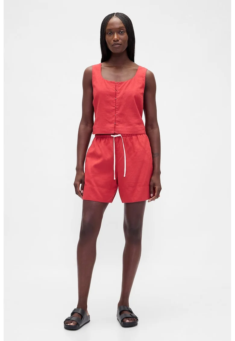 Pantaloni scurti din amestec de in cu snur de ajustare in talie, Coral